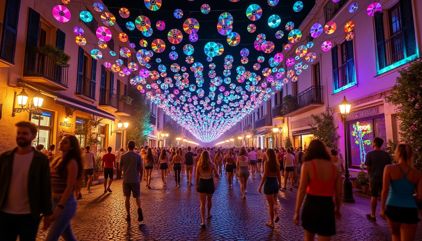 à ceyzériat, des milliers de cd recyclés s'illuminent pour offrir un spectacle unique lors du festival de musique, créant une ambiance magique dans les rues.